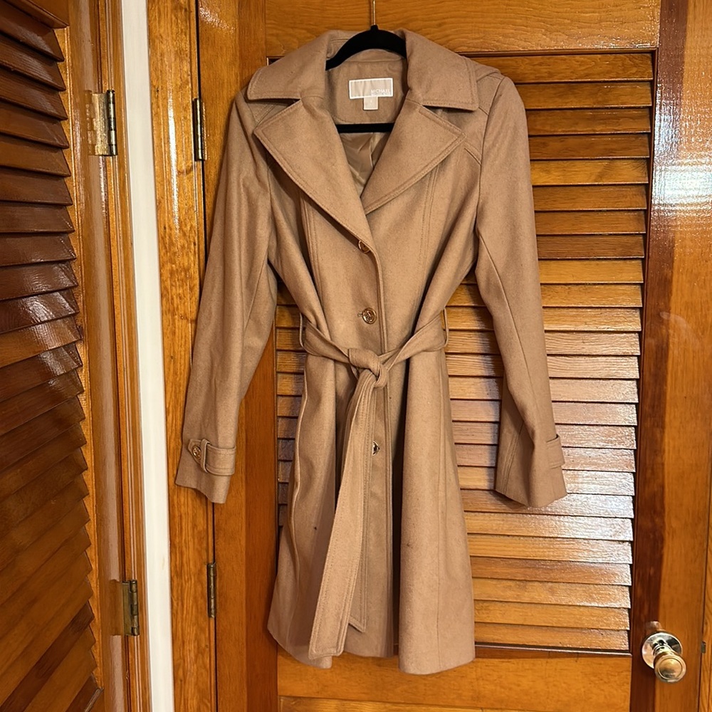 Never worn, tan, hooded, button-down warm wool jacket.